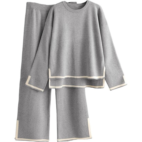 Women's Grey Long Sleeve Knit Sweater Top & Wide Leg Pants Lounge Set